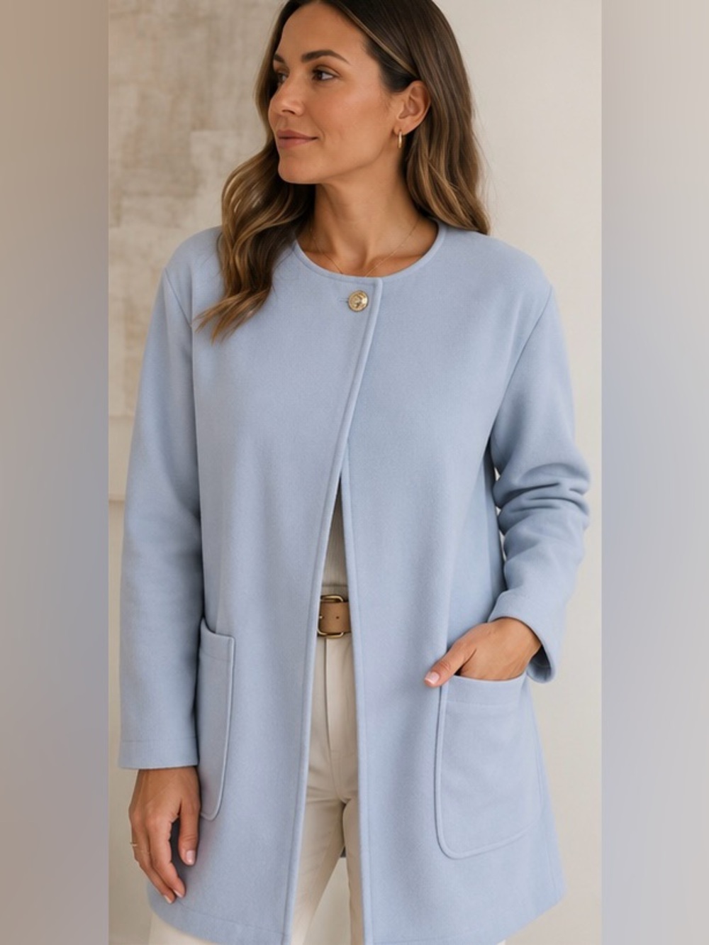 Kenneth Cole New York Light Periwinkle Fleece Coat Jacket Large Minimalist Longl